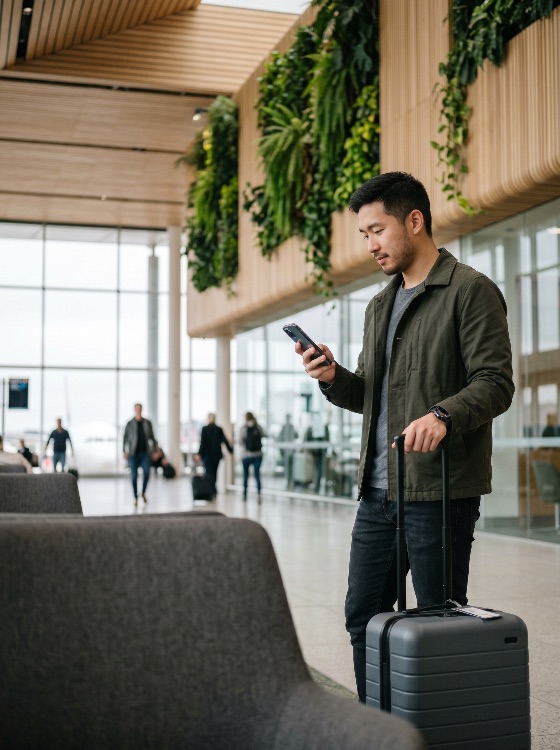 young, asian, man, checking, his, smartphone, while, standing, with, suitcase, modern, airport, terminal, lounge, vertical, garden, background, travel, tourist, technology, luggage, business, waiting, departure, arrival, interior, lifestyle, communication, vacation, passenger, trip, mobile, phone, digital, green, wall, architecture, transport, transit, adult, male, connection, online, app, flight, boarding, gate, tourism, people, indoor, traveler, places
