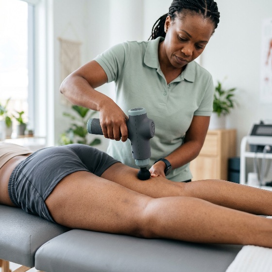 professional, female, physiotherapist, using, percussion, massage, gun, patient, leg, for, muscle, recovery, and, physical, therapy, bright, wellness, clinic, massager, sports, healthcare, rehabilitation, treatment, therapist, black, woman, fitness, health, medical, practitioner, vibration, hamstring, table, wellbeing, physiotherapy, body, care, tension, pain, relief, handheld, deep, tissue, athlete, chiropractor, osteopathy, myofascial, release