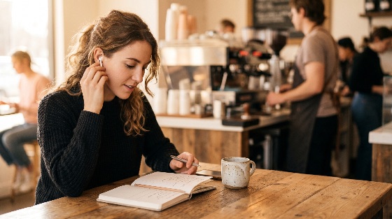 young, woman, writing, notebook, and, listening, music, cozy, cafe, coffee, shop, studying, working, freelancer, wireless, earbuds, lifestyle, student, productivity, remote, work, adult, mug, indoor, urban, journaling, education, focus, technology, modern, city, life, casual, planning, creative, people, warm, lighting