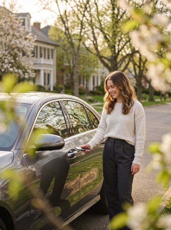 young, woman, using, smartphone, unlock, her, car, suburban, street, spring, technology, digital, key, mobile, app, automotive, blossoming, lifestyle, happy, smiling, vehicle, transportation, modern, convenience, residential, neighborhood, outdoor, sunny, golden, hour, adult, female, remote, wireless, nfc, smart, sedan, driver, commute, innovation, connectivity, people
