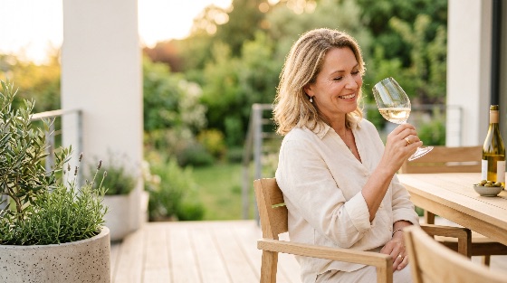 elegant, mature, woman, relaxing, with, glass, white, wine, sunny, garden, terrace, during, golden, hour, patio, sunset, happy, smiling, middle-aged, lifestyle, outdoor, drinking, peaceful, summer, evening, luxury, leisure, home, backyard, blonde, female, person, sophisticated, serenity, nature, sunlight, wooden, table, olive, tree, lavender, wellness, enjoyment, vacation, people
