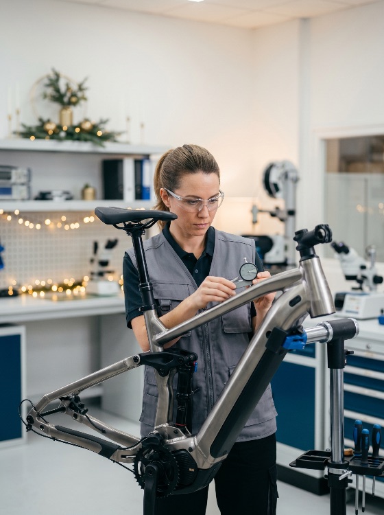 female, engineer, measuring, bicycle, frame, with, precision, gauge, modern, workshop, technician, quality, control, inspection, woman, professional, tool, caliper, manufacturing, industry, technology, engineering, bike, mountain, e-bike, safety, glasses, workwear, assembly, production, mechanic, repair, maintenance, design, prototype, development, research, industrial, factory, skilled, worker, construction