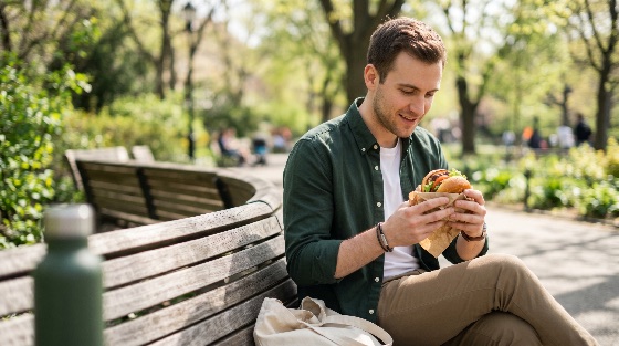 young, man, enjoying, delicious, burger, while, sitting, park, bench, sunny, day, eating, lunch, hamburger, outdoors, lifestyle, male, casual, summer, spring, meal, snack, fast, food, takeaway, street, hungry, leisure, relaxation, nature, green, city, person, adult, one, holding, looking, down, smile, happy, water, bottle, tote, bag, urban, break, lunchtime, picnic, daylight, people