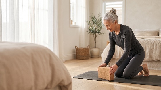 active, senior, woman, with, grey, hair, kneeling, yoga, mat, and, placing, cork, block, bright, modern, bedroom, for, her, morning, exercise, routine, fitness, wellness, home, healthy, lifestyle, aging, stretching, pilates, mindfulness, meditation, peaceful, minimalist, interior, workout, elderly, vitality, well-being, leisure, sports, athletic, clothing, leggings, bun, hairstyle, natural, light, sheer, curtains