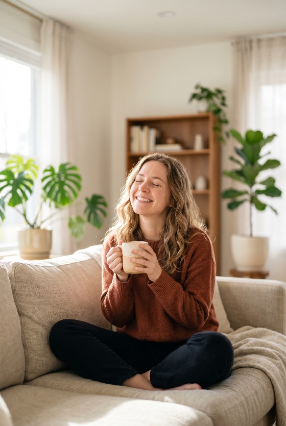 happy, young, woman, relaxing, sofa, with, coffee, mug, bright, living, room, home, lifestyle, cozy, morning, tea, peaceful, indoor, plants, smiling, comfort, wellness, leisure, blonde, sweater, hygge, relaxation, mindfulness, apartment, portrait, serene, natural, light, casual, interior, people