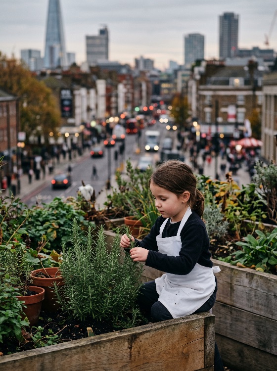 little, girl, white, apron, tending, rosemary, urban, rooftop, garden, overlooking, london, city, skyline, gardening, child, sustainability, life, plants, nature, environment, education, learning, outdoor, shard, terrace, planter, wooden, box, childhood, eco-friendly, green, agriculture, hobby, lifestyle, evening, twilight, blurred, background, view, united, kingdom, street, traffic, skyscrapers, growth, organic, healthy, living, community, architecture, buildings