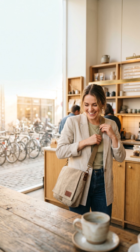 smiling, young, woman, stylish, blazer, and, messenger, bag, standing, bright, modern, cafe, coffee, shop, happy, urban, lifestyle, city, professional, casual, fashion, commute, morning, interior, window, bicycles, street, wooden, counter, adult, female, attractive, trendy, business, daily, life, leisure, social, workspace, canvas, shoulder, blonde, caucasian, one, person, indoor, sunlight, cheerful, positive, atmosphere, retail, small, people