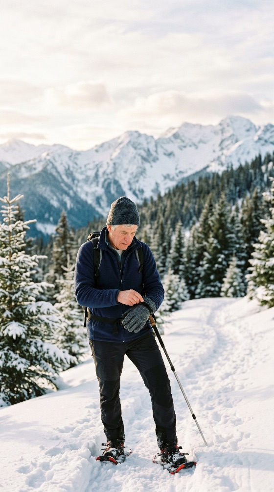 active, senior, man, snowshoeing, snowy, mountain, trail, with, scenic, winter, landscape, and, pine, trees, the, background, hiking, snow, lifestyle, outdoors, nature, forest, cold, adventure, healthy, fitness, retired, trekking, snowshoes, travel, recreation, sports, landscapes