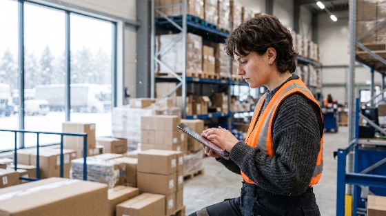 female, warehouse, worker, safety, vest, using, digital, tablet, for, inventory, management, distribution, center, woman, logistics, technology, storage, boxes, shipping, supply, chain, industrial, professional, employee, stock, checking, high-visibility, e-commerce, fulfillment, retail, business, industry, young, focused, working, indoor, winter, snowy, truck, transport, delivery, cargo, package, cardboard, shelf, rack, modern, efficiency, construction