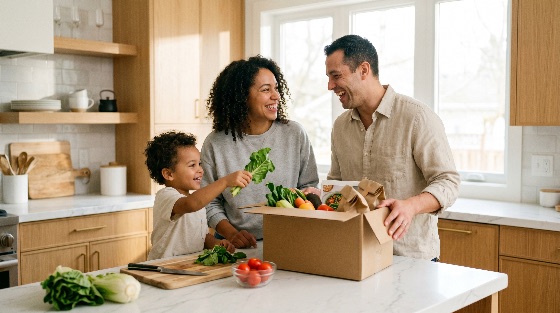 happy, diverse, family, unpacking, fresh, organic, vegetables, from, meal, kit, delivery, box, modern, kitchen, grocery, healthy, food, lifestyle, home, parent, child, son, mother, father, together, laughing, cardboard, cooking, nutrition, wellness, interior, domestic, eating, ingredients, produce, sustainability, service, subscription, togetherness, childhood, parenting, multiracial, mixed, race, drink
