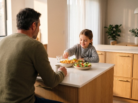happy, young, girl, eating, lunch, with, her, father, kitchen, island, modern, home, family, daughter, meal, dinner, childhood, parenting, lifestyle, healthy, salad, french, fries, food, bonding, together, domestic, interior, child, man, parent, relationship, love, care, morning, breakfast, wood, bright, natural, light, casual, everyday, life, people, two, sitting, table, bowl, snack, nutrition, wellness, house