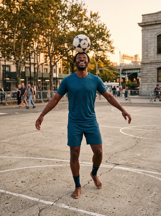 cheerful, black, man, balancing, soccer, ball, his, head, urban, outdoor, court, during, sunset, freestyle, african, american, park, golden, hour, athlete, skill, sport, leisure, happiness, smile, barefoot, city, lifestyle, training, practice, hobby, athletic, fitness, active, summer, autumn, street, player, football, juggling, control, sports
