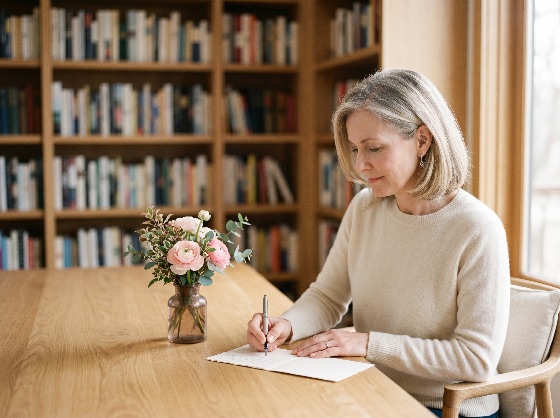 mature, woman, writing, handwritten, note, card, wooden, table, home, library, with, bookshelves, and, flowers, letter, books, pen, middle-aged, lifestyle, study, communication, correspondence, stationery, indoor, peaceful, concentration, hobby, elegant, handwriting, paper, vase, blonde, grey, hair, education
