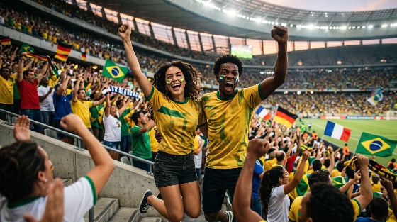 enthusiastic, young, couple, cheering, and, celebrating, crowded, international, football, stadium, during, major, soccer, match, fans, celebration, excitement, crowd, sports, goal, victory, team, jersey, face, paint, brazil, tournament, game, audience, spectators, joy, happy, emotional, competition, arena, world, cup, championship, supporters, diverse, people, lifestyle, energy, shouting, jumping, flags, event, outdoor, daytime, leisure, entertainment, fitness