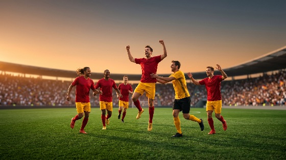 professional, soccer, players, celebrating, goal, stadium, field, during, vibrant, sunset, football, celebration, victory, team, winning, sport, athlete, match, game, joy, success, cheering, teamwork, competition, excitement, triumphant, score, action, male, group, arena, fans, crowd, golden, hour, energy, emotion, championship, league, tournament, jersey, uniform, athletic, achievement, happiness, unity, sportsmanship, motion, dynamic, sports, fitness