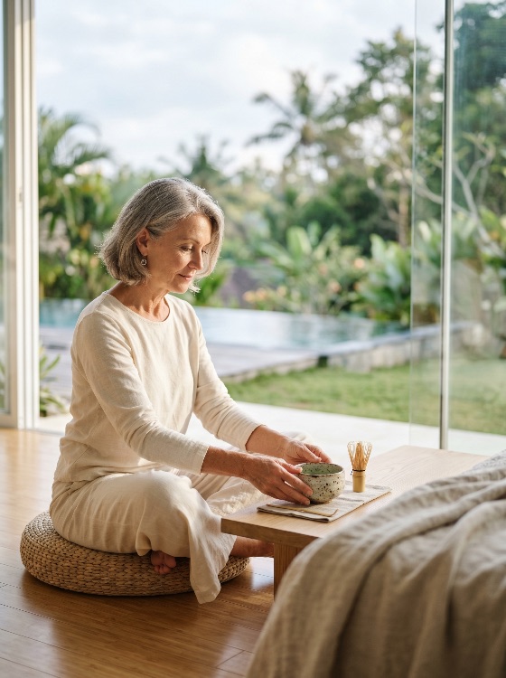 serene, mature, woman, practicing, mindfulness, with, traditional, matcha, tea, ceremony, bright, tropical, villa, meditation, wellness, senior, serenity, peaceful, zen, lifestyle, healthy, green, relaxation, morning, ritual, indoor, home, luxury, retirement, aging, gracefully, calm, tranquility, wellbeing, self-care, yoga, minimalist, interior, bali, resort, vacation, leisure, hobby, tradition, japanese, culture, chasen, whisk, ceramic, bowl, linen, clothing, grey, hair, middle, aged, person, sitting, floor, cushion, people
