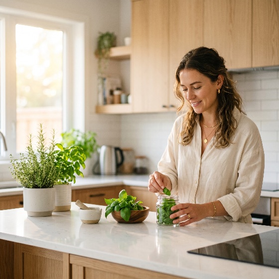 young, woman, putting, fresh, basil, leaves, into, glass, jar, bright, modern, kitchen, herbs, cooking, healthy, lifestyle, home, preparation, organic, green, smiling, happy, interior, sunlight, gardening, culinary, food, ingredients, rosemary, plants, potted, wooden, marble, countertop, domestic, wellness, nutrition, hobby, housewife, indoor, natural, morning, apartment, decor, sustainable, eco-friendly, seasoning, spice, aroma, herb, garden, people