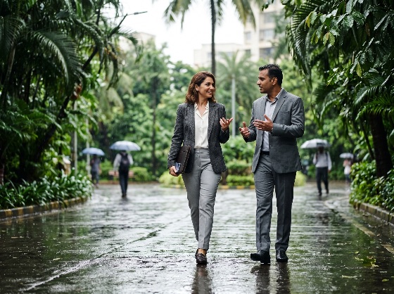 two, professional, business, colleagues, walking, and, talking, lush, park, rainy, day, professionals, rain, outdoors, tropical, wet, reflection, suit, blazer, corporate, teamwork, partnership, communication, discussion, indian, asian, man, woman, career, success, resilience, meeting, collaboration, monsoon, weather, greenery, palm, trees, attire, smart, casual, laptop, folder, urban, city, life, finance