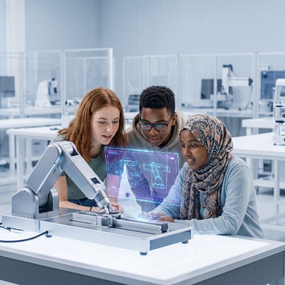 diverse, young, students, collaborate, robotics, project, using, robotic, arm, and, futuristic, holographic, interface, modern, laboratory, representing, innovation, stem, education, for, the, future, student, technology, diversity, engineering, multiethnic, collaboration, teamwork, automation, artificial, intelligence, programming, mechanical, research, development, science, high-tech, digital, classroom, university, workshop, learning, discovery, creativity, problem-solving, progress, career, training, hijab, glasses, redhead, technical, blueprint, schematic, electronics, industry, prototype, smart