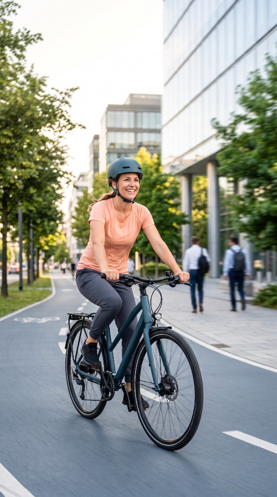happy, woman, wearing, safety, helmet, riding, bicycle, dedica, smiling, cycles, blue, urban, bike, path, she, wears, and, casual, clothes, modern, buildings, trees, line, the, background, highlighting, sustainable, city, commuting, cycling, commute, lifestyle, healthy, transportation, lane, exercise, active, outdoors, summer, morning, sustainability, eco-friendly, green, office, building, street, road, adult, female, mobility, sport, fitness, leisure, travel, transit, gear, environment, life, wellness, ride, cyclist, pedal, motion, person, people, activity, transport, city-break