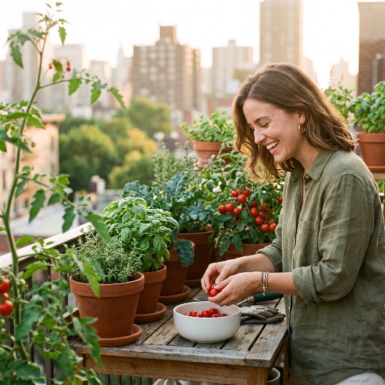happy, young, woman, harvesting, fresh, cherry, tomatoes, from, her, urban, balcony, garden, sunset, gardening, city, rooftop, sustainable, organic, homegrown, lifestyle, healthy, apartment, golden, hour, vegetables, herbs, terracotta, pots, hobby, nature, life, smiling, agriculture, plant, green, environment, terrace, food, nutrition, wellness, summer, outdoor, leisure, cultivation, eco-friendly, landscapes