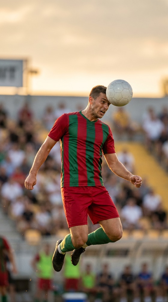 professional, soccer, player, jumping, head, the, ball, during, competitive, match, stadium, sunset, football, heading, athlete, competition, sport, jump, action, golden, hour, game, team, jersey, kit, field, pitch, athletic, male, man, active, motion, goal, score, tournament, league, outdoor, summer, crowd, spectators, blurred, background, vertical, skill, power, concentration, header, sports, fitness