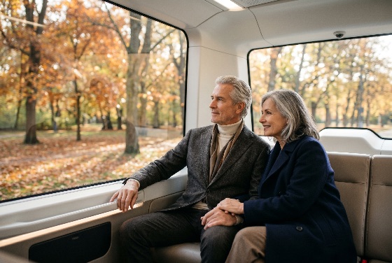 elegant, senior, couple, traveling, autonomous, shuttle, through, autumn, park, travel, vehicle, future, technology, fall, elderly, retirement, lifestyle, luxury, transportation, mobility, passenger, window, view, scenic, holding, hands, happy, together, relationship, companionship, modern, interior, high-tech, sophisticated, man, woman, grey, hair, nature, trees, leaves, peaceful, commute, innovation, smart, city, driverless, transport, tourism, vacation, people