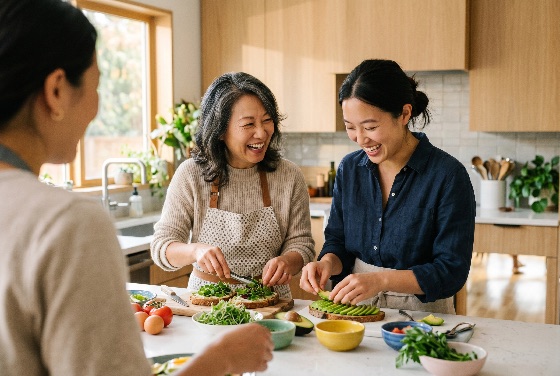 happy, asian, family, three, women, laughing, while, preparing, healthy, avocado, toast, bright, modern, kitchen, mother, daughter, cooking, food, smiling, bonding, lifestyle, home, breakfast, meal, preparation, fresh, vegetables, microgreens, multigenerational, together, friendship, joy, wellness, nutrition, domestic, sunny, interior, adult, middle-aged, female, togetherness, relationship, morning, brunch, organic, eating, culinary, hobby, life, people, authentic