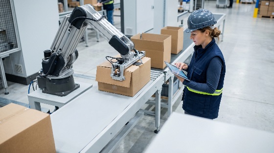female, engineer, using, digital, tablet, control, robotic, arm, modern, automated, warehouse, automation, logistics, industry, technology, woman, worker, factory, manufacturing, cardboard, box, conveyor, belt, smart, industrial, robotics, distribution, supply, chain, storage, safety, hard, hat, high-tech, artificial, intelligence, machine, mechanical, production, efficiency, professional, management, shipping, packaging, construction