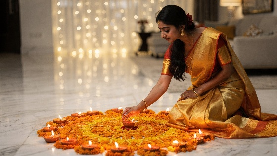 beautiful, young, indian, woman, traditional, golden, saree, placi, arranges, lit, oil, lamps, marigold, flower, rangoli, the, indoor, setting, features, festive, bokeh, lights, and, decor, for, diwali, celebrations, diya, festival, tradition, celebration, culture, ethnic, flowers, home, hindu, deepavali, light, flame, lamp, silk, jewelry, background, asian, decoration, spiritual, holiday, greeting, prayer, ritual, religious, happiness, joy, glow, warm, marble, floor, peaceful, elegant, portrait, lifestyle, south, people