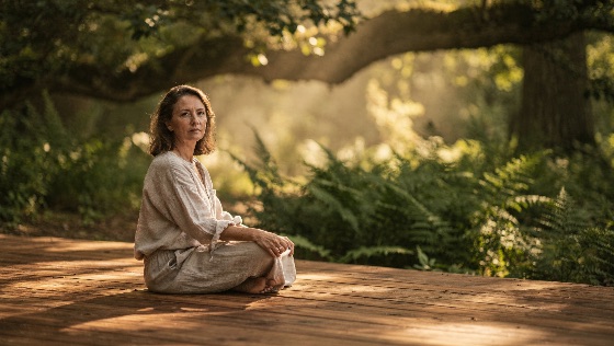 serene, mature, woman, sitting, cross-legged, wooden, deck, sits, meditative, pose, within, lush, forest, warm, sunlight, filters, through, the, trees, illuminating, scene, with, golden, glow, she, wears, comfortable, linen, clothing, embodying, peace, and, mindfulness, natural, setting, meditation, nature, middle-aged, hour, wellness, relaxation, outdoors, greenery, ferns, calm, spirituality, yoga, health, lifestyle, contemplation, solitude, zen, morning, light, woods, environment, portrait, beauty, tranquility, harmony, garden, park, summer, spring, sunbeams, soft, focus, ethereal, mental, well-being, self-care, retirement, leisure, landscapes