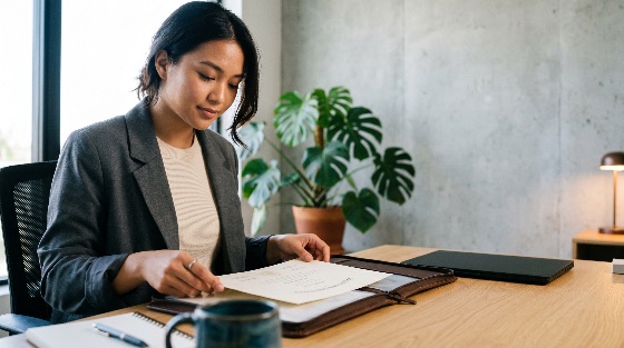 professional, young, asian, woman, reviewing, certificate, diploma, modern, office, setting, business, achievement, career, success, document, desk, blazer, workspace, monstera, plant, indoor, person, female, adult, corporate, education, graduation, proud, looking, reading, folder, portfolio, minimalist, lifestyle, entrepreneur, manager, employee, work, job, expertise, qualification, attainment, recognition, finance