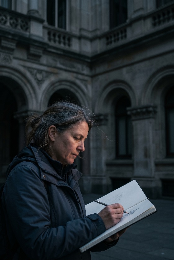 mature, woman, artist, sketching, historic, architecture, notebook, outdoors, dusk, drawing, pencil, creativity, art, middle-aged, building, courtyard, hobby, focused, inspiration, urban, city, european, classical, stone, arches, twilight, creative, process, illustrator, lifestyle, person, female, grey, hair, jacket, leisure, buildings