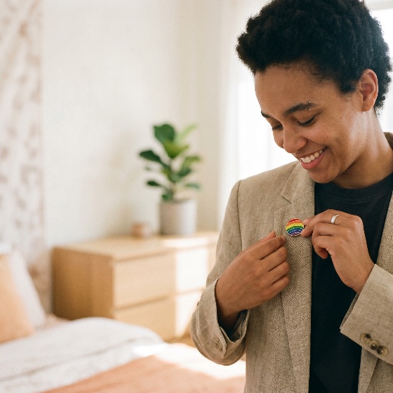 smiling, young, person, attaching, rainbow, pride, pin, their, blazer, lapel, lgbtq, badge, jacket, fashion, identity, self-expression, inclusion, diversity, non-binary, queer, lifestyle, home, bedroom, getting, ready, morning, routine, linen, accessory, support, community, equality, rights, human, adult, short, hair, ethnic, mixed, race, interior, bright, minimalist, modern, clothes, dressing, symbol, month, activism, awareness, people