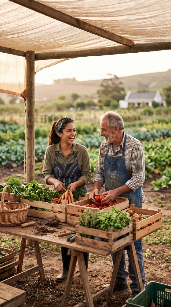 happy, senior, man, and, young, woman, farmers, sorting, organic, vegetables, wooden, crates, local, farm, market, farmer, agriculture, harvest, fresh, produce, laughing, teamwork, sustainability, healthy, gardening, carrots, tomatoes, lifestyle, rural, outdoor, food, community, business, diverse, nature, small, working, apron, eco-friendly, nutrition, summer, countryside, garden, herbs, basket, people