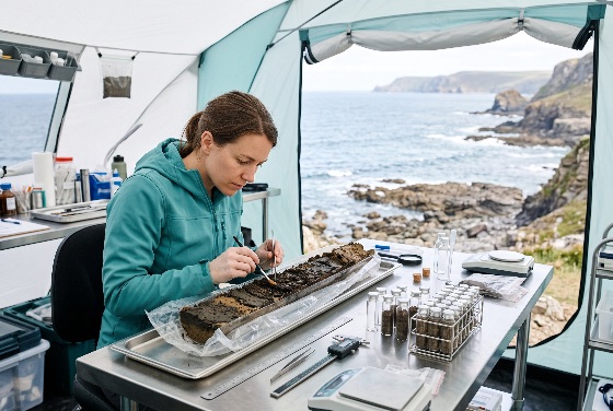 professional, female, scientist, carefully, analyzing, soil, core, researcher, teal, jacket, examines, sample, inside, field, tent, using, brush, and, tweezers, she, analyzes, the, specimen, table, equipped, with, vials, scales, calipers, rocky, coastline, ocean, are, visible, through, open, flap, archaeology, research, lab, geology, woman, science, laboratory, environment, analysis, earth, ecology, biology, excavation, tools, equipment, study, investigation, nature, outdoors, cliff, sea, water, sediment, geologist, archaeologist, expedition, work, scientific, data, sampling, discovery, preservation, conservation, marine, coastal, landscape, examining, portable, technician, landscapes