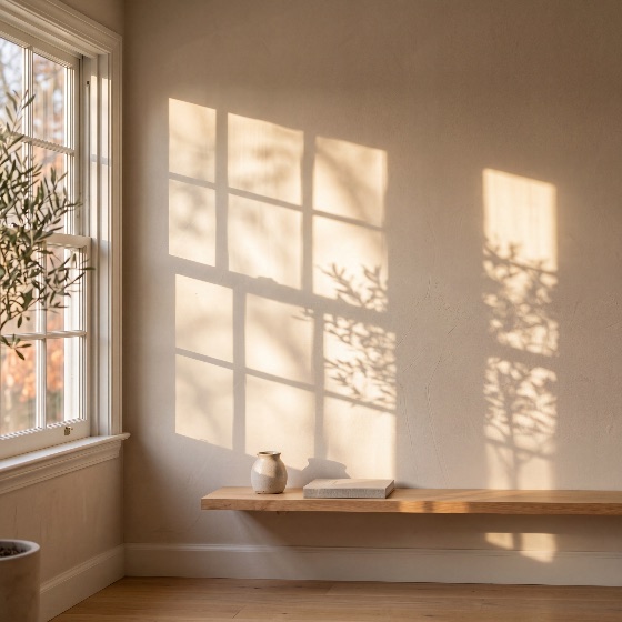warm, golden, hour, sunlight, casting, window, shadows, minimalist, wall, with, wooden, shelf, shadow, interior, home, wood, vase, book, serene, peaceful, aesthetic, design, decor, light, beige, neutral, morning, evening, sunset, sunrise, play, leaf, plant, room, living, modern, simple, wabi-sabi, japandi, cozy, atmosphere, tranquility, copy, space, background, texture, plaster, hardwood, floor, indoor, lifestyle, still, life, elegant, soft, architecture, furniture, zen, interiors