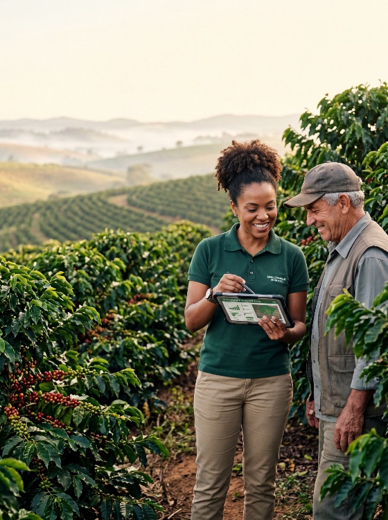 female, agricultural, expert, showing, digital, harvest, data, tablet, senior, farmer, coffee, plantation, sunrise, agriculture, technology, agronomist, sustainability, rural, farming, partnership, beans, hills, morning, teamwork, agritech, smart, sustainable, farm, crop, management, precision, outdoor, nature, worker, professional, expertise, communication, collaboration, development, economy, production, specialist