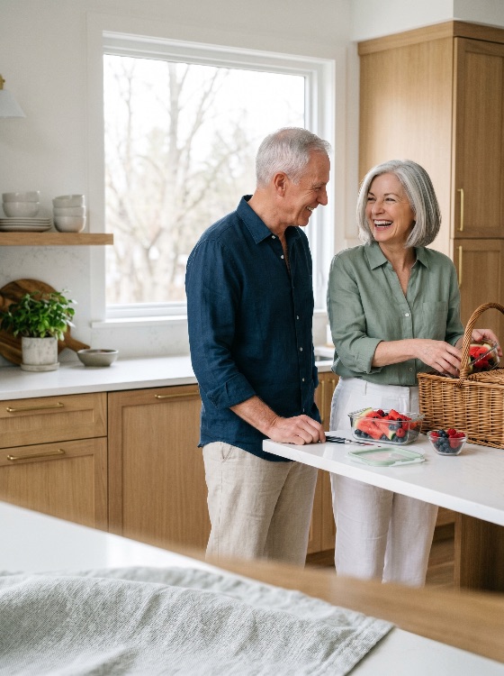 happy, senior, couple, laughing, together, bright, modern, kitchen, while, preparing, picnic, basket, with, fresh, fruit, retirement, healthy, lifestyle, watermelon, berries, packing, relationship, domestic, home, wellness, citizens, man, woman, husband, wife, smiling, joy, food, nutrition, eating, indoors, companionship, leisure, active, seniors, caucasian, summer, preparation, airy, daylight, casual, clothing, love, people