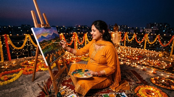smiling, indian, woman, painting, rooftop, decorated, with, diyas, for, diwali, festival, artist, lights, traditional, yellow, creativity, celebration, night, city, marigold, flowers, easel, canvas, hobby, culture, india, ethnic, art, oil, lamp, holiday, festive, happiness, leisure, lifestyle, hobbyist, creative, evening, terrace, decoration, hindu, deepavali, south, asian, arts