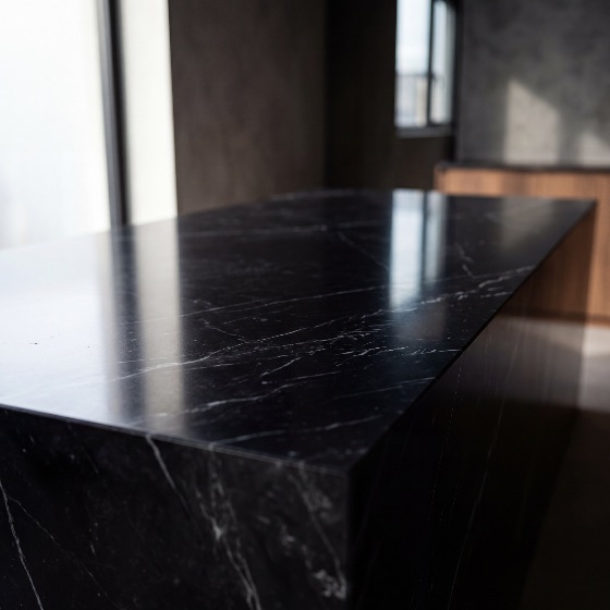 luxurious, polished, black, marble, kitchen, island, countertop, with, white, veins, modern, interior, luxury, design, stone, texture, surface, reflection, architecture, minimalist, home, decor, granite, dark, elegant, vein, natural, material, furniture, sleek, high-end, contemporary, residential, detail, close-up, backdrop, background, workspace, table, slab, marquina, nero, interiors