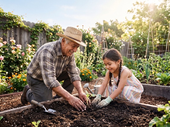 happy, grandfather, and, granddaughter, planting, seedling, together, sunny, backyard, garden, gardening, family, nature, outdoors, elderly, child, bonding, summer, spring, happiness, smiling, lifestyle, senior, girl, hobby, growth, soil, plants, flowers, intergenerational, retirement, learning, environment, organic, healthy, leisure, people