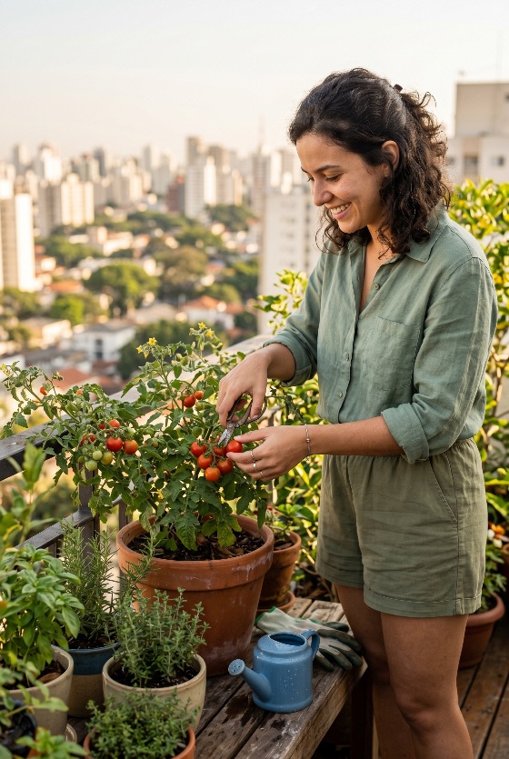 smiling, young, woman, harvesting, fresh, organic, cherry, tomatoes, from, potted, plant, her, urban, balcony, garden, with, city, skyline, background, gardening, life, sustainability, home, grown, apartment, hobby, healthy, lifestyle, vegetable, plants, herbs, agriculture, nature, leisure, green, summer, golden, hour, pruning, shears, food, wellness, terrace, living, eco-friendly, cultivation, outdoor, farming, small, space, homegrown, harvest, landscapes