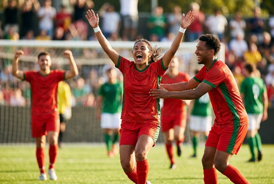 excited, female, soccer, player, red, jersey, celebrating, goal, with, teammates, sunny, day, the, stadium, football, celebration, victory, winning, team, athlete, sport, match, game, success, triumph, excitement, joy, happy, cheering, woman, man, diverse, field, pitch, outdoor, daylight, grass, sportswear, competition, teamwork, professional, amateur, multi-ethnic, young, adults, sports, fitness