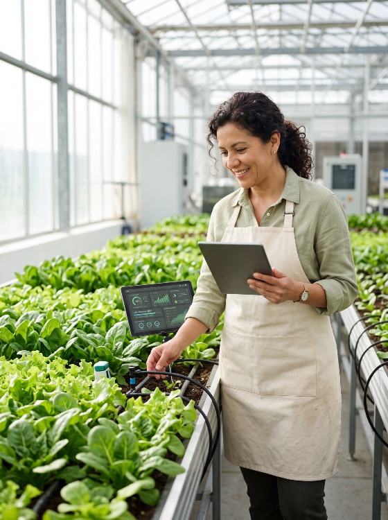 female, farmer, using, digital, tablet, monitor, plant, growth, and, irrigation, data, modern, high-tech, greenhouse, smart, farming, agriculture, technology, woman, monitoring, agritech, sensor, sustainable, innovation, hydroponics, vegetable, organic, dashboard, automation, iot, internet, things, agribusiness, professional, worker, industry, environment, ecology, lettuce, cultivation, horticulture, precision, future, science, botany, food, production