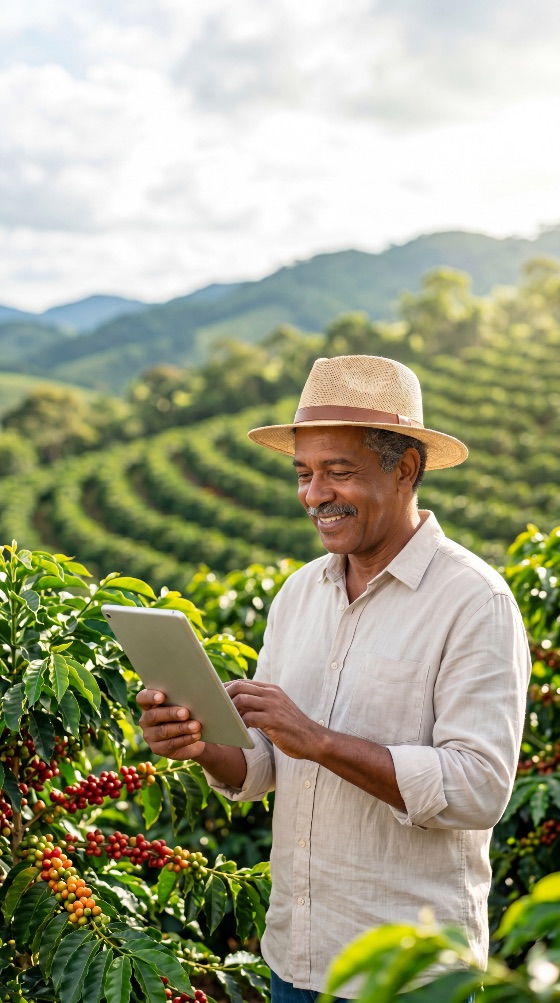 smiling, african, american, farmer, using, digital, tablet, coffee, plantation, technology, agriculture, smart, farming, man, senior, black, harvest, crop, rural, nature, mountains, hills, beans, cherries, agritech, sustainability, outdoor, professional, management, agribusiness, worker, producer, tropical, green, landscape, hat, lifestyle, success, innovation, connection, internet, wireless, mobile, device, app, monitoring, quality, control, organic, fair, trade
