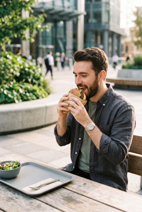 young, bearded, man, enjoying, delicious, burger, outdoor, city, cafe, eating, hamburger, food, lunch, lifestyle, male, beard, urban, meal, hungry, restaurant, street, fast, snack, break, leisure, person, people, portrait, holding, biting, taste, nutrition, dining, life, modern, relaxation, wooden, table, tray, salad, daylight, sunny, casual, drink