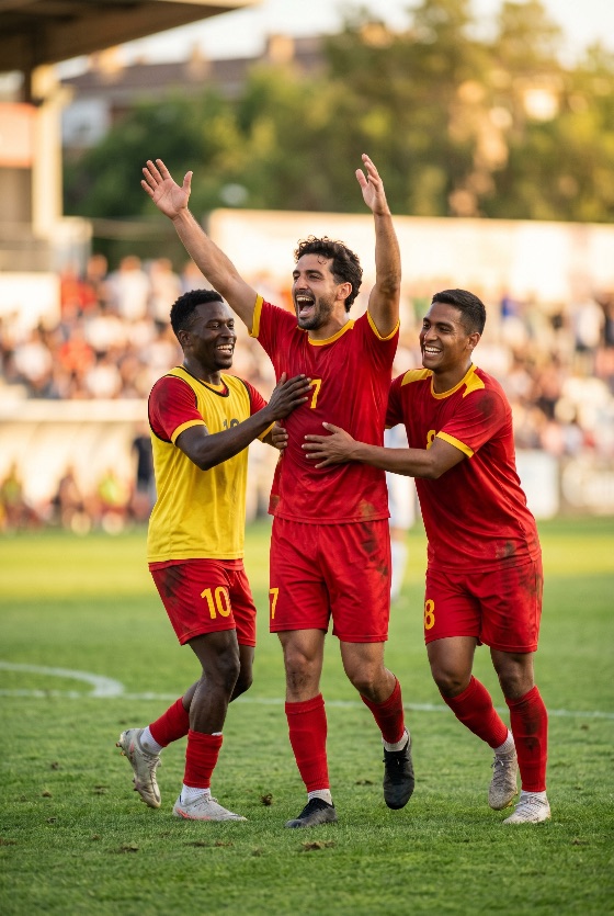 joyful, diverse, soccer, players, celebrating, goal, victory, the, field, during, professional, match, sunset, football, celebration, team, teammates, winning, success, sport, athlete, game, pitch, stadium, joy, happiness, excitement, multicultural, men, competition, achievement, scoring, teamwork, friendship, emotion, outdoor, sunlight, golden, hour, action, jersey, sports, fitness