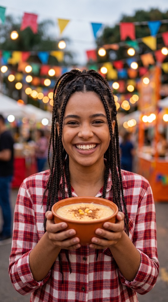 happy, young, woman, holding, bowl, traditional, canjica, festa, junina, festival, brazilian, culture, mungunza, smiling, tradition, food, dessert, corn, flags, lights, celebration, outdoor, portrait, brazil, ethnic, braids, box, plaid, shirt, happiness, seasonal, street, fair, event, party, sweet, cinnamon, adult, female, joyful, festive, atmosphere, bokeh, background, clothing, people, lifestyle