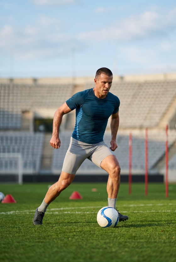professional, athletic, man, dribbling, soccer, ball, green, field, stadium, football, athlete, training, sport, fitness, player, exercise, grass, active, lifestyle, workout, competition, muscular, outdoors, summer, daylight, action, male, middle-aged, healthy, strength, endurance, skill, agility, performance, motivation, pitch, sports